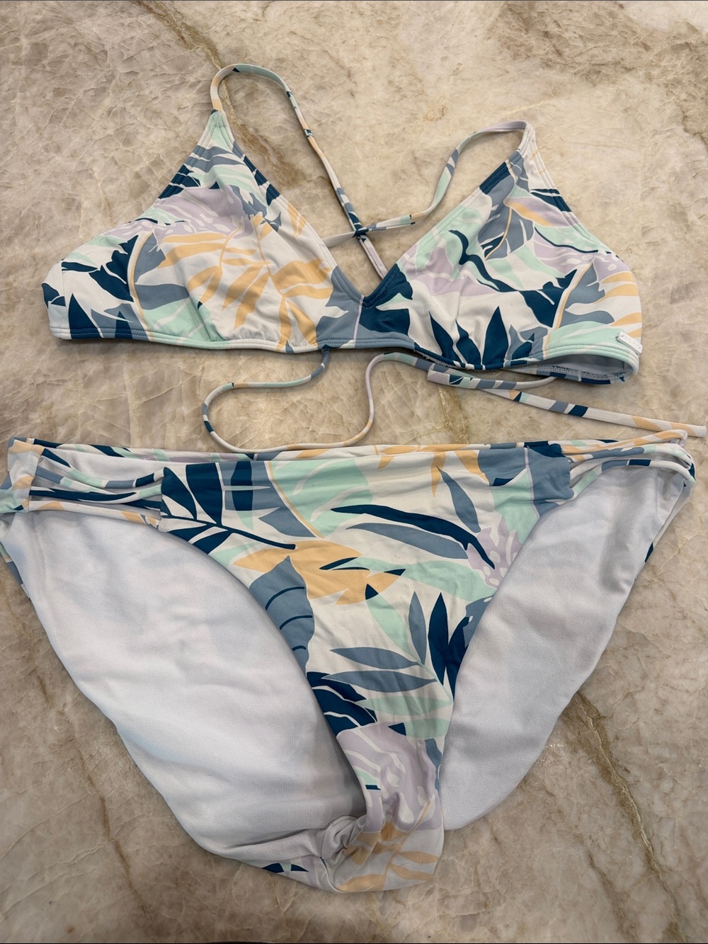 Roxy Tropical Leaf Bikini in Mint, Navy & Cream XXL